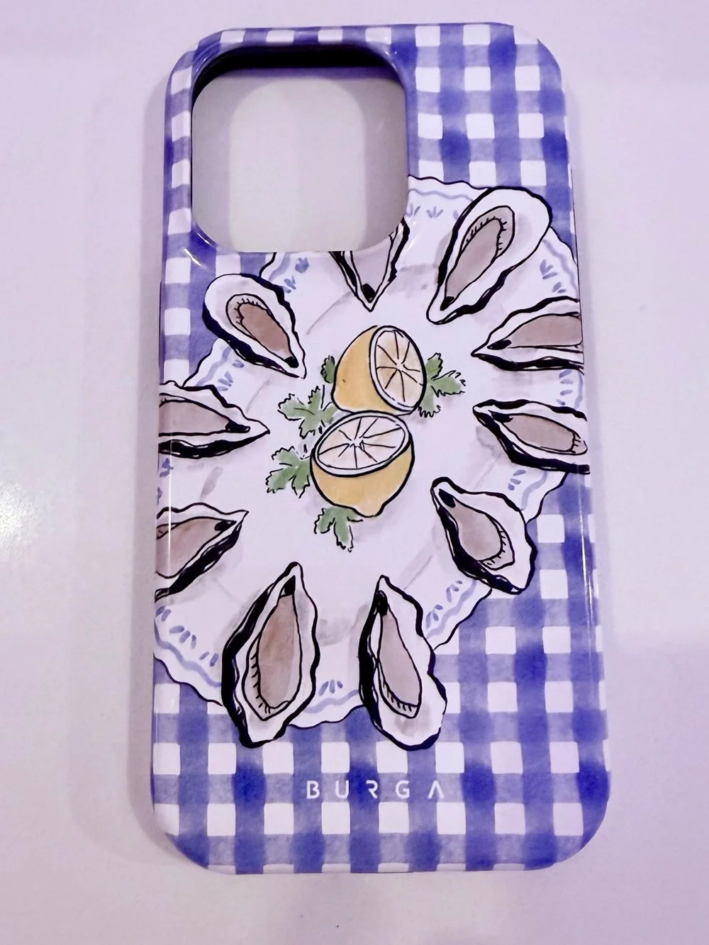 Burga Blue Gingham Oyster & Lemon iPhone Case. iPhone 14 Pro Case 🌊